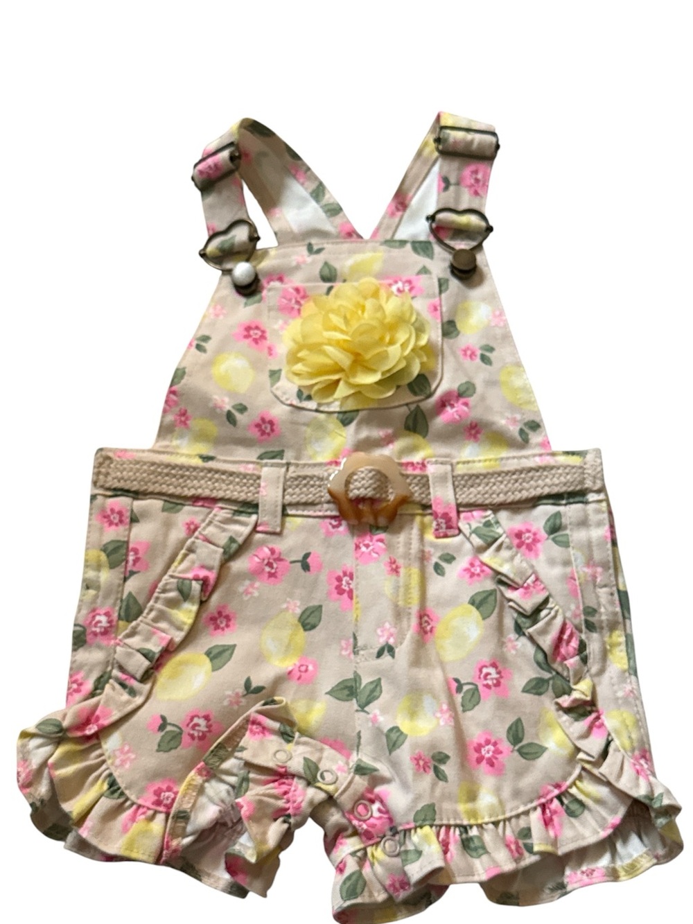NWOT Floral Lemon Ruffle Shortalls - Yellow & Pink